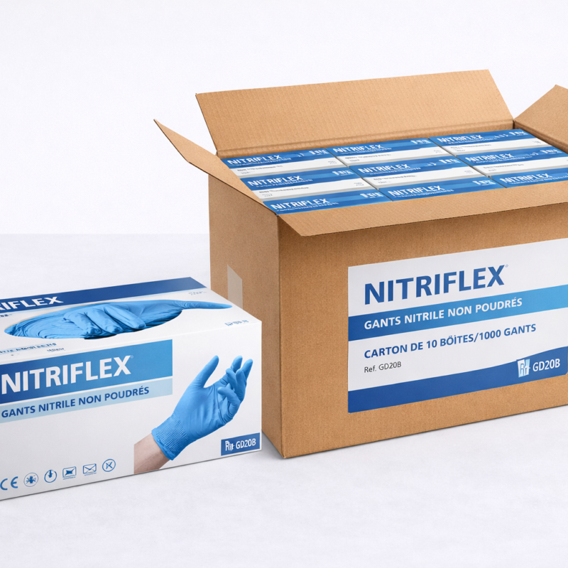 Gants nitrile non poudrés bleu – Nitriflex – Boîte 100 ou carton 1000