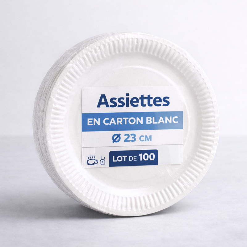 Assiettes en carton blanc Ø 23 cm – Lot de 100